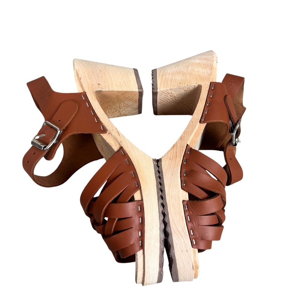 Lotta from Stockholm Tan Leather Braided Swedish Clogs Wooden Sandals Size 39 - Picture 5 of 8